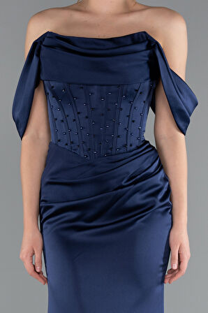 Kayık Yaka Taşlı Balen Korse Detay Uzun Saten Abiye ABU5017