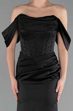 Kayık Yaka Taşlı Balen Korse Detay Uzun Saten Abiye ABU5017