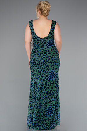 Leopar Desenli Yırtmaçlı Uzun Şifon Büyük Beden Abiye ABU5018