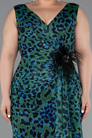 Leopar Desenli Yırtmaçlı Uzun Şifon Büyük Beden Abiye ABU5018