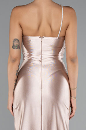 Tek Omuz Yırtmaçlı Uzun Saten Mezuniyet Elbisesi ABU5022