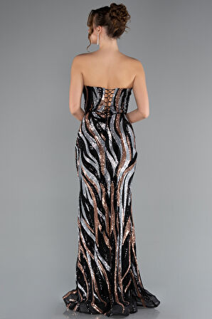 Straplez Yırtmaçlı Uzun Pul Payet Büyük Beden Abiye ABU5025