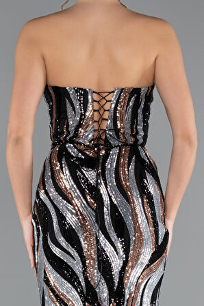 Straplez Yırtmaçlı Uzun Pul Payet Büyük Beden Abiye ABU5025