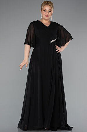 Kısa Kol V Yaka Uzun Şifon Büyük Beden Abiye ABU5051