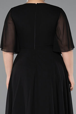 Kısa Kol V Yaka Uzun Şifon Büyük Beden Abiye ABU5051