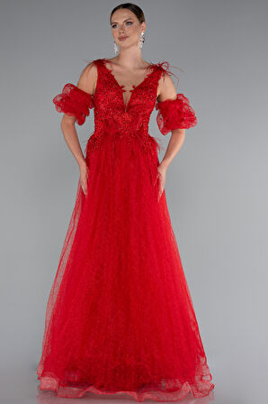 Üstü İşlemeli Kol Aksesuarlı Uzun Nişan Elbisesi ABU5052