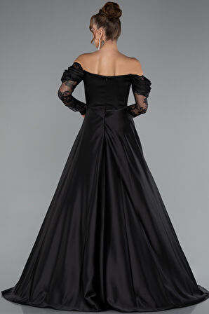 Dantel Uzun Kol Kayık Yaka Saten Abiye ABU5054