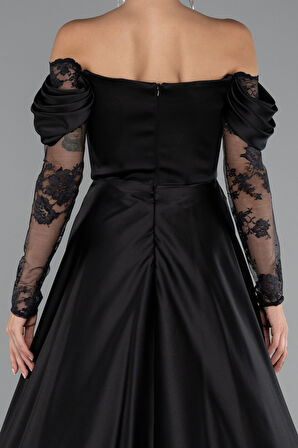 Dantel Uzun Kol Kayık Yaka Saten Abiye ABU5054