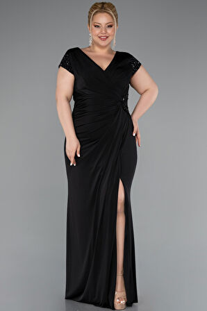 Taşlı Kısa Kol Yırtmaç Uzun Büyük Beden Abiye ABU5055