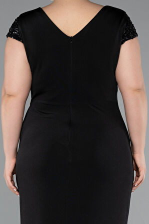 Taşlı Kısa Kol Yırtmaç Uzun Büyük Beden Abiye ABU5055