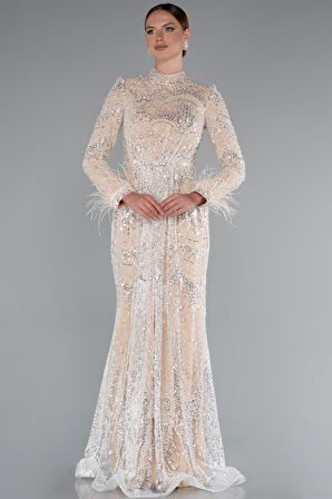 Taş İşlemeli Otrişli Uzun Kol Tesettür Abiye ABU5056