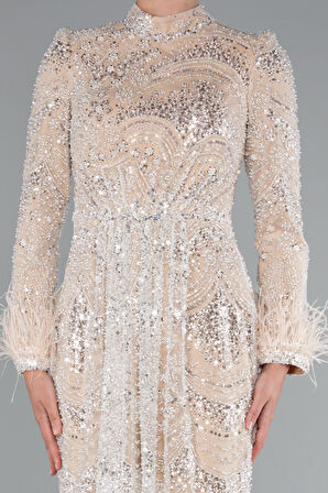 Taş İşlemeli Otrişli Uzun Kol Tesettür Abiye ABU5056