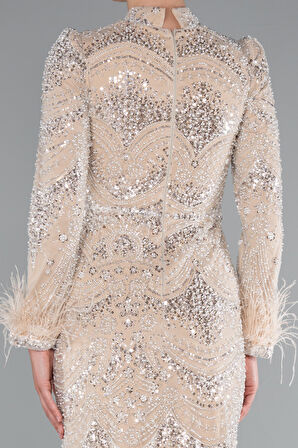 Taş İşlemeli Otrişli Uzun Kol Tesettür Abiye ABU5056