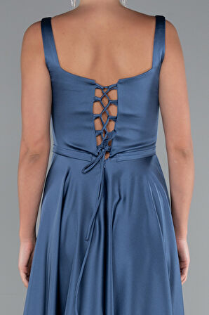 Askılı Kare Yaka Uzun Saten Mezuniyet Elbisesi ABU5059