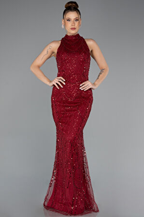 Halter Yaka Uzun Boncuklu Büyük Beden Abiye ABU5063