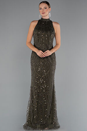 Halter Yaka Uzun Boncuklu Büyük Beden Abiye ABU5063