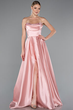 Straplez Bacak Dekolteli Uzun Saten Abiye Elbise ABU5064