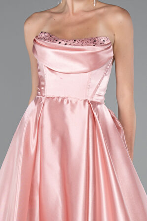 Straplez Bacak Dekolteli Uzun Saten Abiye Elbise ABU5064