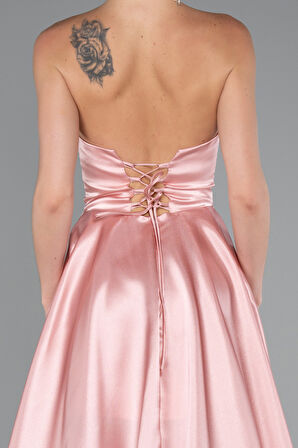 Straplez Bacak Dekolteli Uzun Saten Abiye Elbise ABU5064