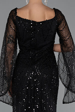 Uzun Kol Boncuklu Abiye Elbise ABU5066