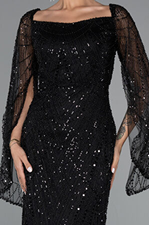 Uzun Kol Boncuklu Abiye Elbise ABU5066