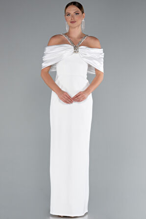 Taş Detay Saten Kayık Yaka Uzun Abiye ABU5073