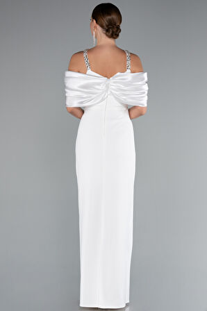 Taş Detay Saten Kayık Yaka Uzun Abiye ABU5073