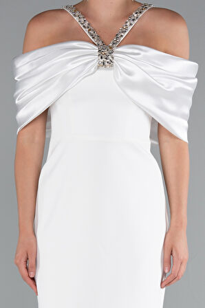 Taş Detay Saten Kayık Yaka Uzun Abiye ABU5073