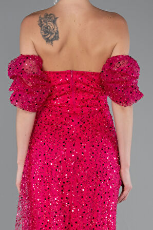 Straplez Yırtmaçlı Kol Aksesuarlı Uzun Pullu Abiye ABU5075