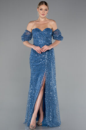 Straplez Yırtmaçlı Kol Aksesuarlı Uzun Pullu Abiye ABU5075