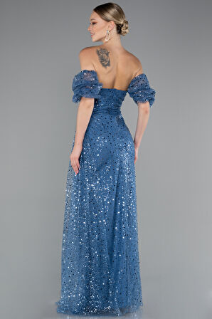 Straplez Yırtmaçlı Kol Aksesuarlı Uzun Pullu Abiye ABU5075