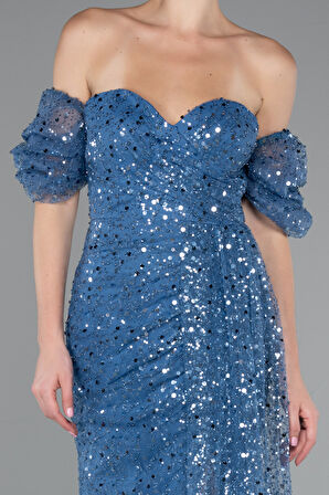 Straplez Yırtmaçlı Kol Aksesuarlı Uzun Pullu Abiye ABU5075