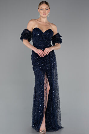 Straplez Yırtmaçlı Kol Aksesuarlı Uzun Pullu Abiye ABU5075