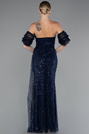 Straplez Yırtmaçlı Kol Aksesuarlı Uzun Pullu Abiye ABU5075