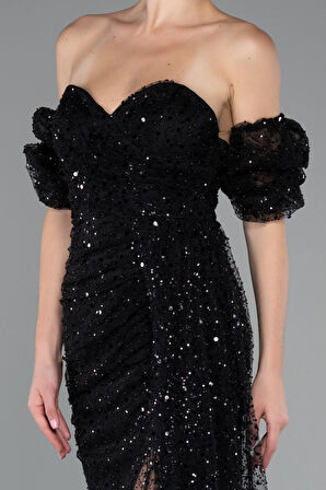 Straplez Yırtmaçlı Kol Aksesuarlı Uzun Pullu Abiye ABU5075