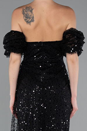 Straplez Yırtmaçlı Kol Aksesuarlı Uzun Pullu Abiye ABU5075