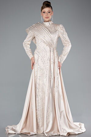 Taşlı Uzun Kol Saten Büyük Beden Tesettür Abiye ABU5083