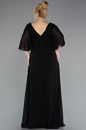 Kısa Kol V Yaka Uzun Şifon Büyük Beden Abiye ABU5095