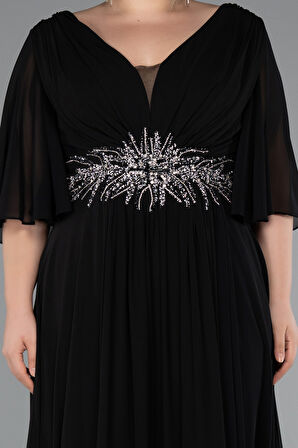 Kısa Kol V Yaka Uzun Şifon Büyük Beden Abiye ABU5095