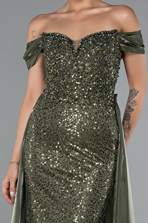 Kayık Yaka Kuyruklu Uzun Taşlı Özel Tasarım Abiye ABU5099