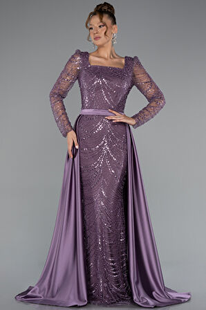 Taşlı Uzun Kol Kare Yaka Saten Kuyruklu Abiye ABU5107