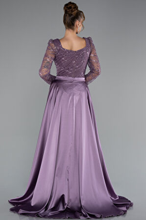 Taşlı Uzun Kol Kare Yaka Saten Kuyruklu Abiye ABU5107