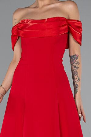 Saten Kayık Yaka Uzun Abiye Elbise ABU5110