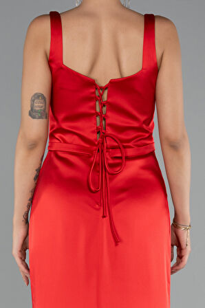 Askılı Kare Yaka Uzun Saten Abiye Elbise ABU5111