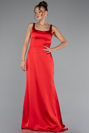 Askılı Kare Yaka Uzun Saten Abiye Elbise ABU5111