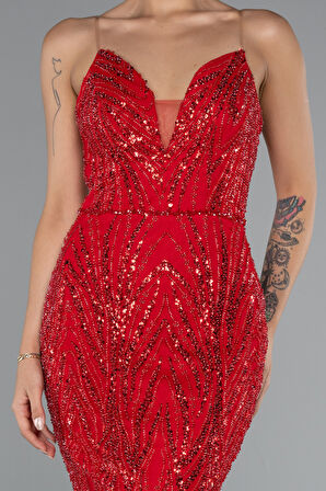 Straplez Uzun Pullu Özel Tasarım Balık Abiye ABU5112