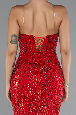 Straplez Uzun Pullu Özel Tasarım Balık Abiye ABU5112