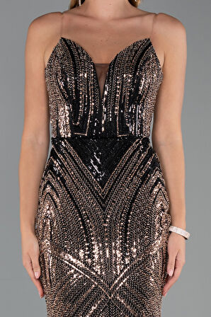 Straplez Uzun Pullu Özel Tasarım Balık Abiye ABU5112