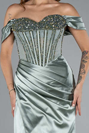 Kayık Yaka Taşlı Balen Uzun Saten Abiye ABU5130