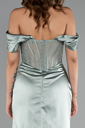 Kayık Yaka Taşlı Balen Uzun Saten Abiye ABU5130